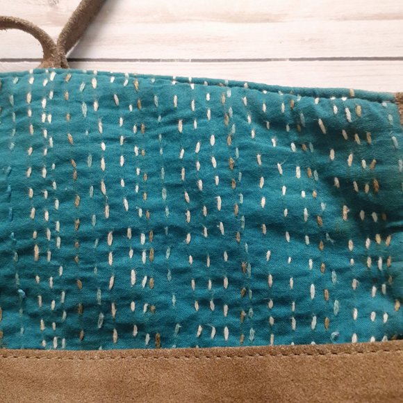 Noonday Collection Kantha Foldover Crossbody Bag Suede Leather Cotton BrownBlue - Picture 8 of 16